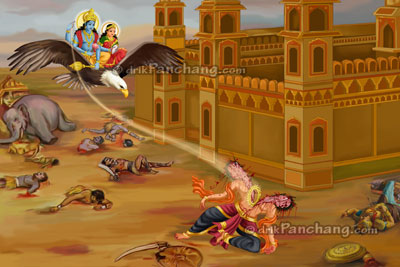 Lord Krishna slaying demon Narakasura