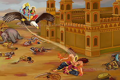 Lord Krishna slaying demon Narakasura