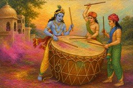 Krishna beating drum on Holi
