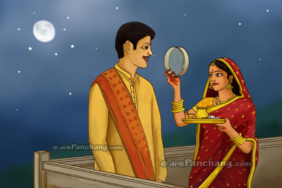 Sighting husband through sieve during Karwa Chauth