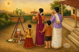 Family worshipping Lord Surya while celebrating Pongal