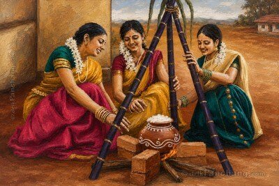 Ladies preparing Pongal in Tamil Nadu