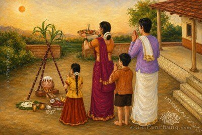 Family worshipping Lord Surya while celebrating Pongal