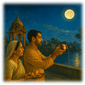 Son with Mother giving Arghya on Purnima