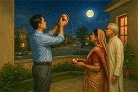 Son with Father and Mother giving Purnima Arghya