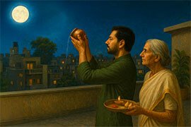 Son with Grand Mother giving Purnima Arghya