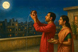 Man and Woman giving Purnima Arghya