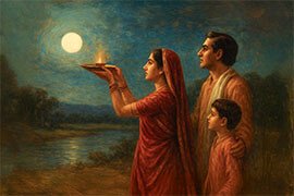 Lady performing Purnima Puja with Family