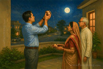 Son with Father and Mother giving Purnima Arghya