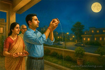 Son with Mother and Father giving Purnima Arghya