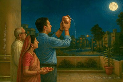 Son with Father and Mother giving Purnima Arghya