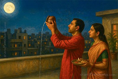 Man and Woman giving Purnima Arghya
