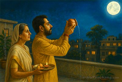 Son with Mother giving Purnima Arghya