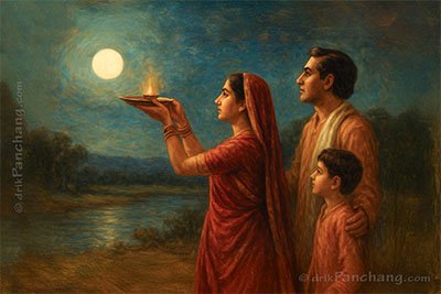 Lady performing Purnima Puja with Family