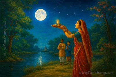 Lady performing Purnima Puja with Family