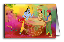 Krishna beating drum on Holi