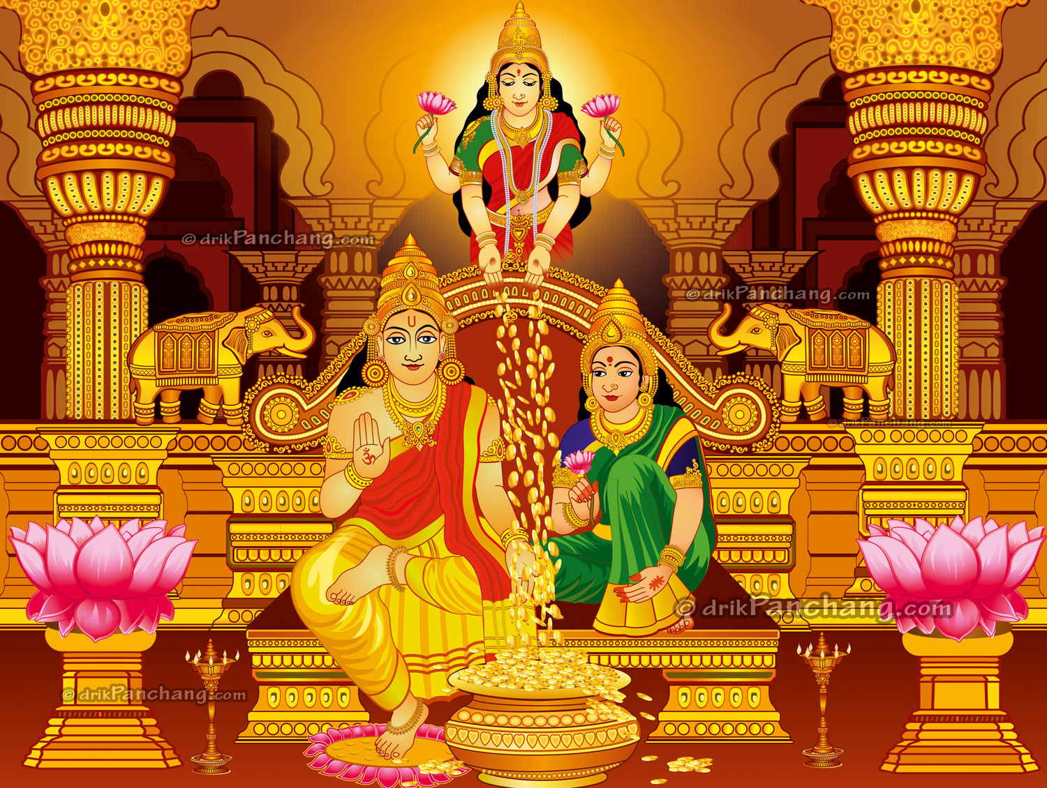 Lakshmi with Kubera and Kauberi - Dhanteras Wallpaper